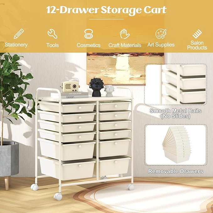 Happygrill 12-Drawer Rolling Storage Cart, Multipurpose Storage Cart W/Lockable Wheels, 2 Sizes Plastic Drawers & Metal Shelf, Mobile Utility Cart for Home Office School (Ivory)