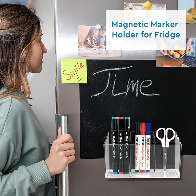 VACONICO Magnetic Pen Holder, Acrylic Dry Erase Marker Holder, Large Capacity Pencil Holder for Whiteboards, Fridge, Lockers Office School Supplies (Clear & 3 Compartments)