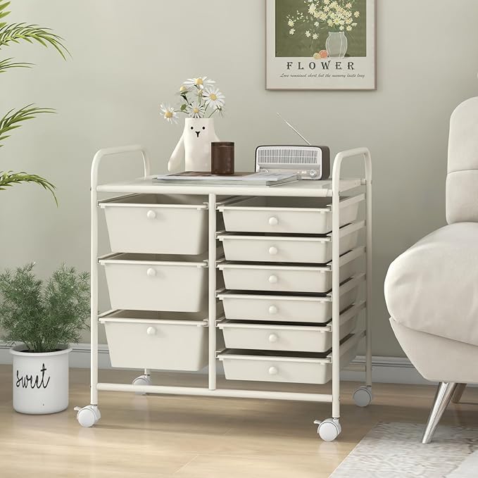 LDAILY 9 Drawer Rolling Storage Cart, Rolling Cart with Drawers for Classroom, Art Supply Craft Organizer on Wheel with Metal Frame & Handles for Home Office School