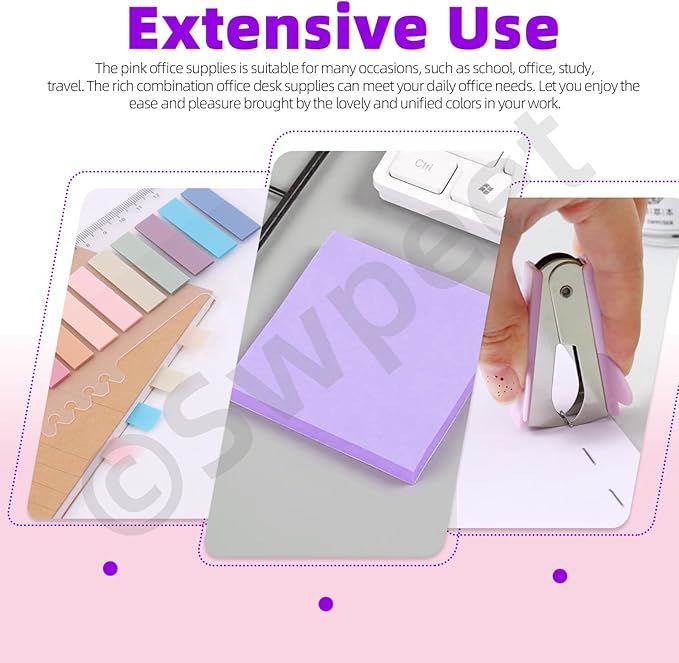 Swpeet 9Pcs Purple Office Supplies Kit, Desk Accessories Including Stapler, Tape Dispenser, Staple Remover, Tabs, Scissors, Staples, Tape, Clips and Sticky Note Ideal for Office and School