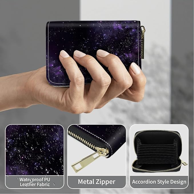 BWEGRHE Cute Credit Card Holder with Zipper, Purple Galaxy RFID-Blocking Card Case Small Wallet for Women Men, Multi-slot Card Organizer Case Travel Accordion Wallet