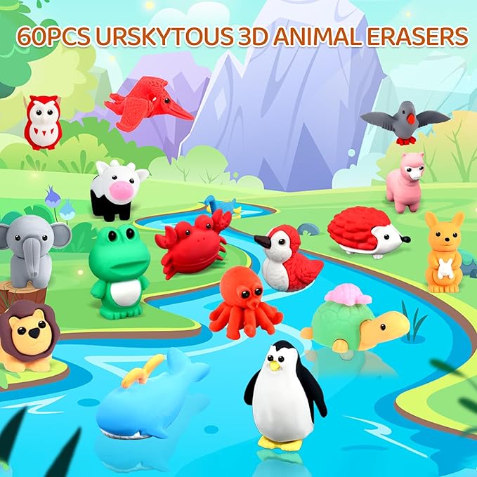 URSKYTOUS 60Pcs Animal Erasers Kids Desk Pets Pencil Erasers 3D Puzzle Bulk Mini Animal Eraser Toys Fun Cute Eraser for Classroom Rewards, Game Prizes, Treasure Box, Easter Egg Fillers
