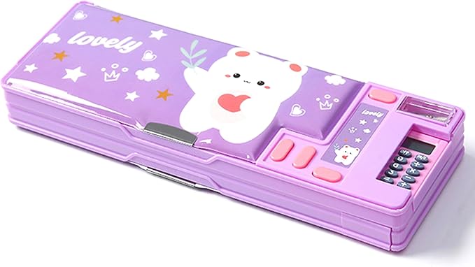 Pop Up Multifunction Pencil Case, Cute Cartoon Pen Box Organizer Stationery with Calculators, Sharpener, Schedule, School Supplies, Best Birthday Gifts for Kids Teens (Purple)