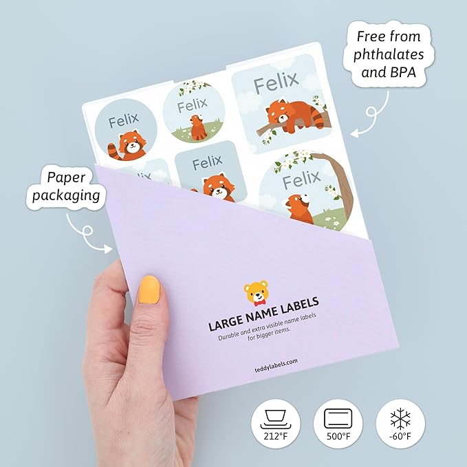 Large Name Labels for Kids (33) - Custom Stickers for Daycare and School Supplies - Durable, Waterproof Stickers for Water Bottles, Lunch Boxes, and More with Unique Designs - Red Panda
