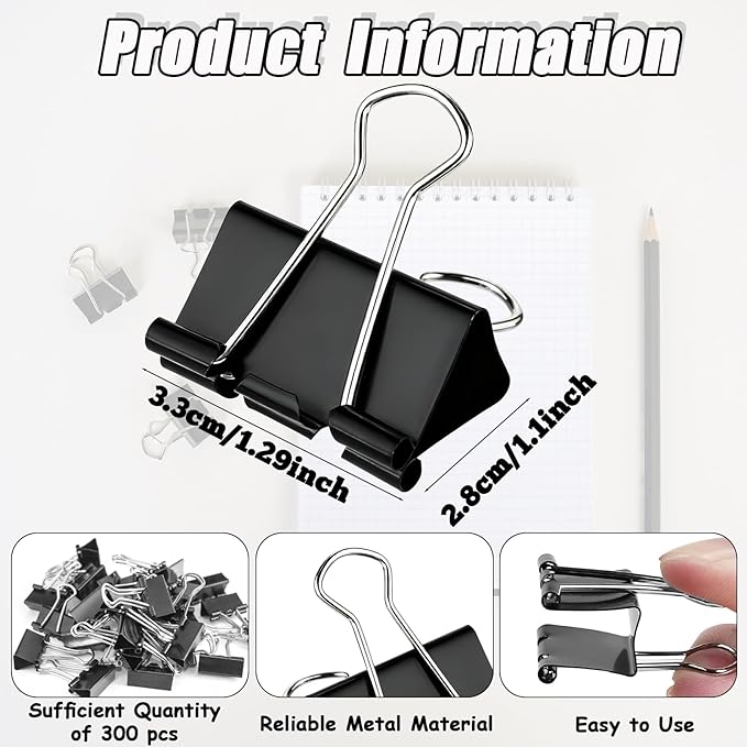 300 Pcs Medium Binder Clips Bulk 1.25 Inch Heavy Duty Paper Clamps Black Metal Binding Med Clips Office Supplies for Teachers Business