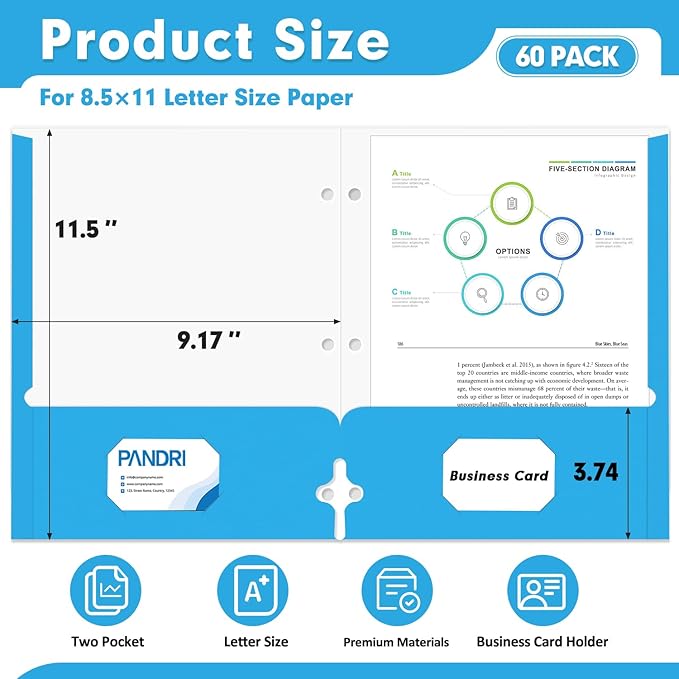Two Pocket Portfolio Folders, PANDRI 60 Pack 3 Hole Punched 2 Pocket Folders for 3 Ring Binder, Letter Size Paper File Folder for School Office Home Business, Lightblue