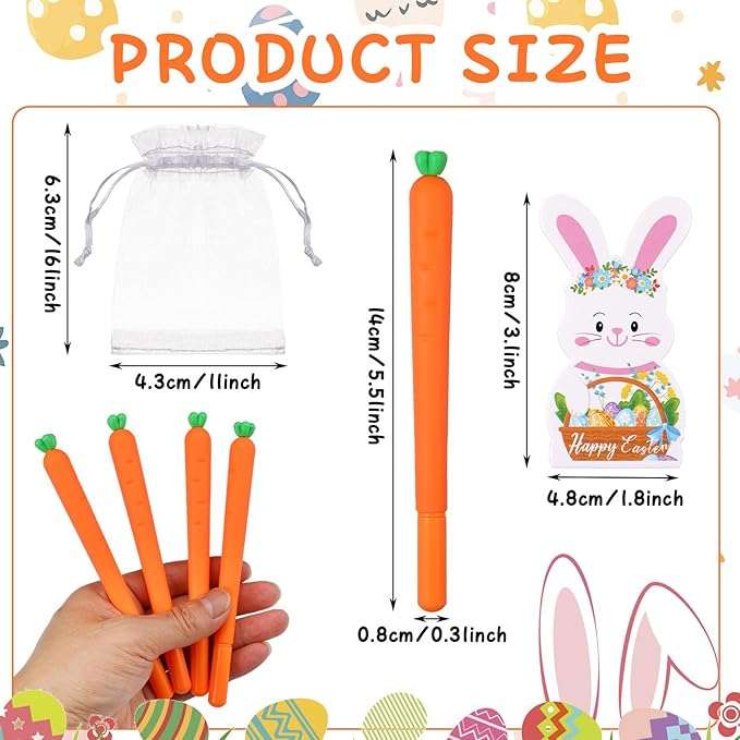 Eaasty 36 Set Easter Gifts Bulk Carrot Ballpoint Pens with Bunny Cards Happy Easter Spring Party Favors Black Ink Gel Pens for Office Stationery Supplies School Classroom Home Party Decoration