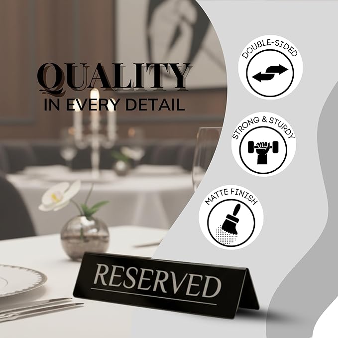 12 Reserved Table Signs – Black Stainless Steel with Silver Mirror Lettering | Elegant, Durable & Reusable Reserved Signs for Wedding Receptions & Restaurants | Wedding Accessories & Restaurant Supplies by Adaptic Group®