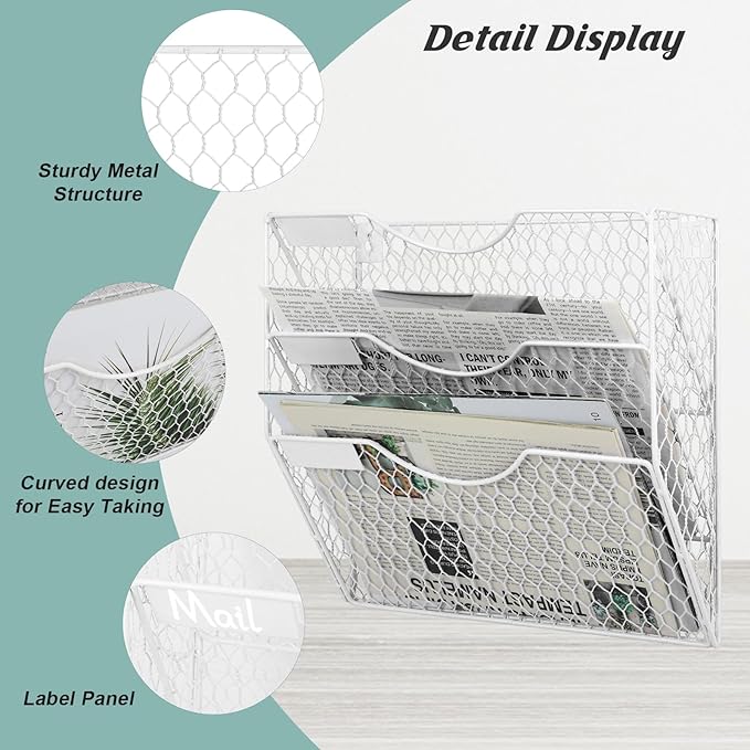 EASEPRES Mail Organizer Wall Mount Hanging File Holder Storage, Metal Chicken Wire Magazine Rack 3 Tier, White