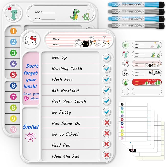 2-Pack Magnetic Chore Chart for Kids, ADHD Task Tracker Easy-Check Routine Dry Erase Board, to-Do List Planning Tool with Stand for Fridge/Desk/Home/School, 6 Reusable Sheets, 4 Markers White