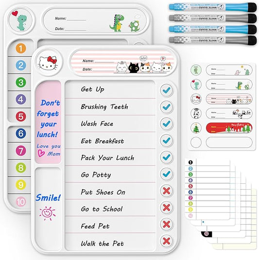 2-Pack Magnetic Chore Chart for Kids, ADHD Task Tracker Easy-Check Routine Dry Erase Board, to-Do List Planning Tool with Stand for Fridge/Desk/Home/School, 6 Reusable Sheets, 4 Markers White