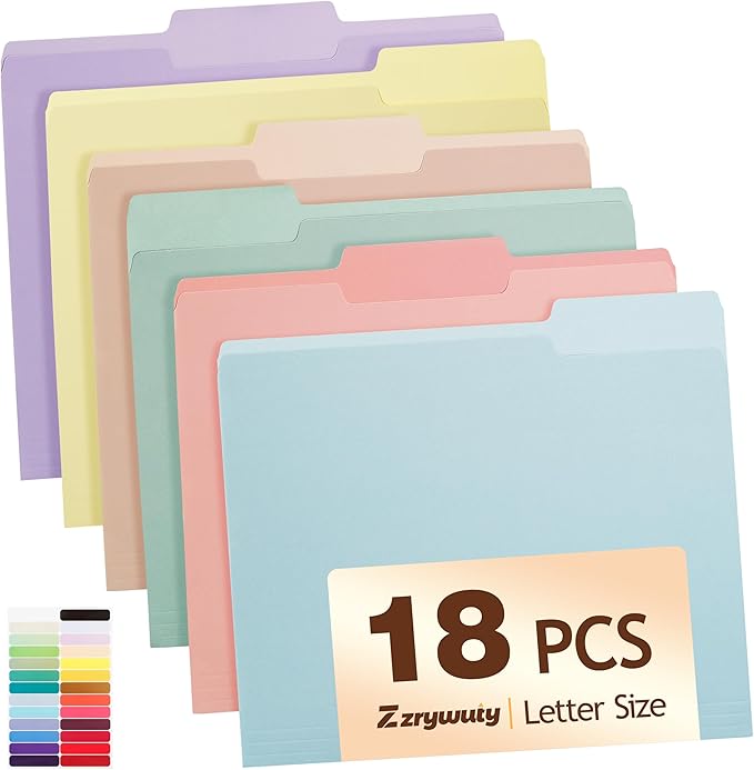 Color File Folders, 1/3-Cut Tabs, Letter Size, 6 Colors Organizer File Folders for School Home Office Business (18, Pastel Colors)