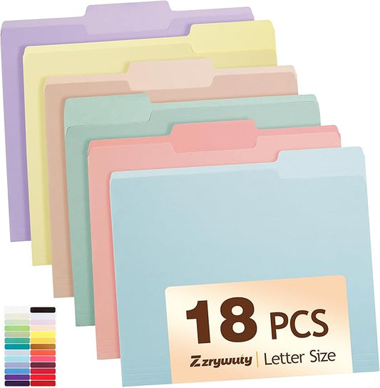 Color File Folders, 1/3-Cut Tabs, Letter Size, 6 Colors Organizer File Folders for School Home Office Business (18, Pastel Colors)