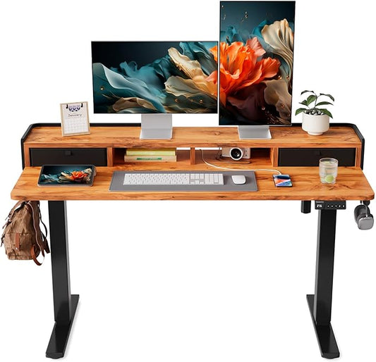 YIHAYO Electric Standing Desk with Drawers, 55 x 24 Inches Adjustable Desk with Storage Shelf, Stand Up Desk with Splice Board, Computer Table for Home Office, Black Frame/Rustic Brown Top