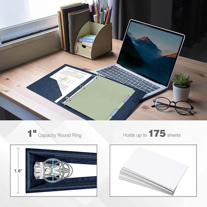 Ospelelf Vintage Hardcover 3 Ring 1 inch Leather Binder, Professional Binders Organizer Suitable for Letter Size Documents, Binder Dividers with Tabs, Faux Dark Blue Leather
