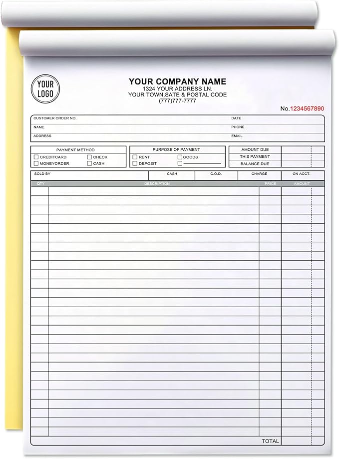 Custom Invoice Book with Logo 100 Set Personalized Receipt Books Customized Invoices for Small Business 2 - Parts Carbonless Duplicate Invoice Forms NCR Books