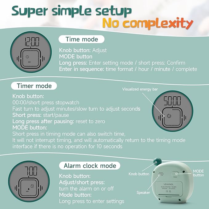 VEWINGL Productivity Timer & Clock with Alarm, Adjustable Desktop Timer for Autism, ADHD, Time Management, Ideal for Work, Study, Tasks, and Kitchen (Green)