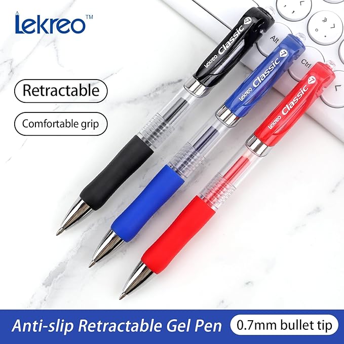 Lekreo Classic Retractable Gel Roller Pens, 0.7mm Fine Point (Black Ink- 12 Packs)