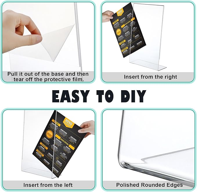Wenqik 4 Packs 8. 5" x 14" Sign Holders Vertical l Shape Frame Acrylic Document Holder Side Loading Clear Flyer Holder Slanted Desk Paper Display Stand Graphic Poster Shelf for Restaurants Office