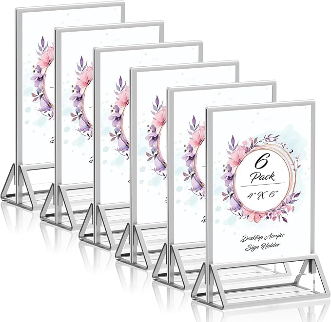 PPH-Sisy Clear Acrylic Sign Holder 4X6 with Silver Borders Display Stand, Double Sided Acrylic Picture Frames Plastic Sign Holder for Wedding Table Numbers Menu Holder (6 Pack)