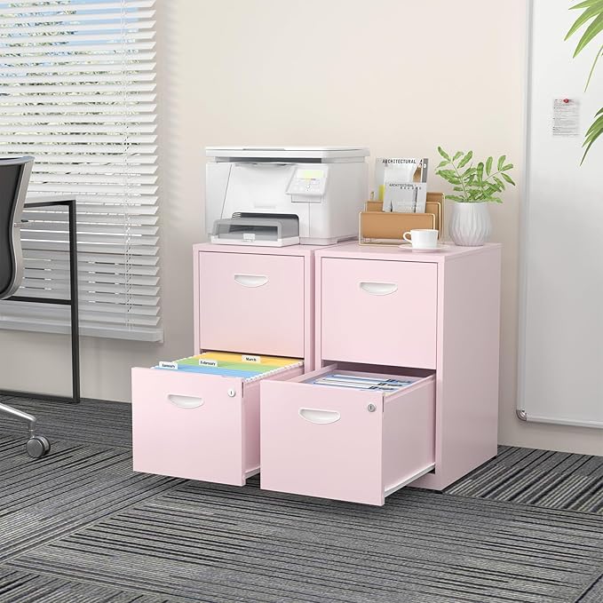 SteeLoong 2 Drawer File Cabinet with Lock,Pink Metal Office Drawers Filing Cabinets for Home Office, Two Drawer Under Desk File Cabinet for Hanging Letter,Easy Assemble | with Lock, Office Drawers, Filing Cabinets, Two Drawer, Under Desk, for Hanging L...