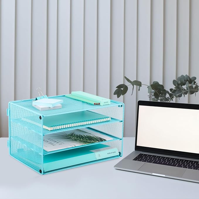 EASEPRES Paper Organizer Tray, 3 Tier Mesh Desk File Organizer Letter Sorter Holder for Home Office, Blue