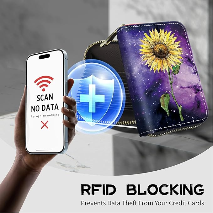 BWEGRHE Cute Credit Card Holder with Zipper, Sunflower Yellow Purple Galaxy RFID-Blocking Card Case Small Wallet for Women Men, Multi-slot Card Organizer Case Travel Accordion Wallet