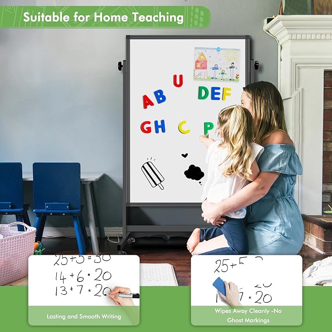 Rolling Whiteboard on Wheels, 32x48 Inches Double-Sided Magnetic Dry Erase Board with Stand, Height Adjustable Mobile White Board Easel for Classroom Home Office Black