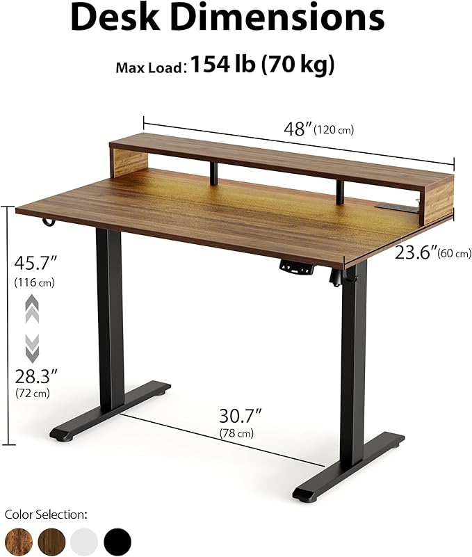 Electric Height Adjustable Standing Desk with Power Outlet and LED Light Strip, Sit to Stand, Ergonomic 48x24" Rising Desk with Memory Presets, Home Office Workstation, Computer Gaming Table, Walnut
