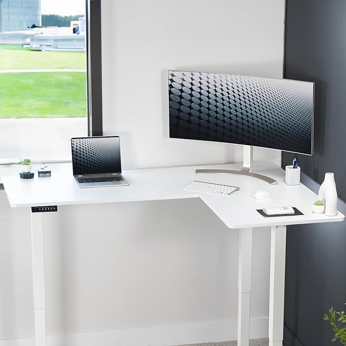 VIVO Electric Corner 63 x 47 inch L-Shaped Standing Desk, Memory Height Adjustment, White Top White Frame, DESK-E3CTW-47