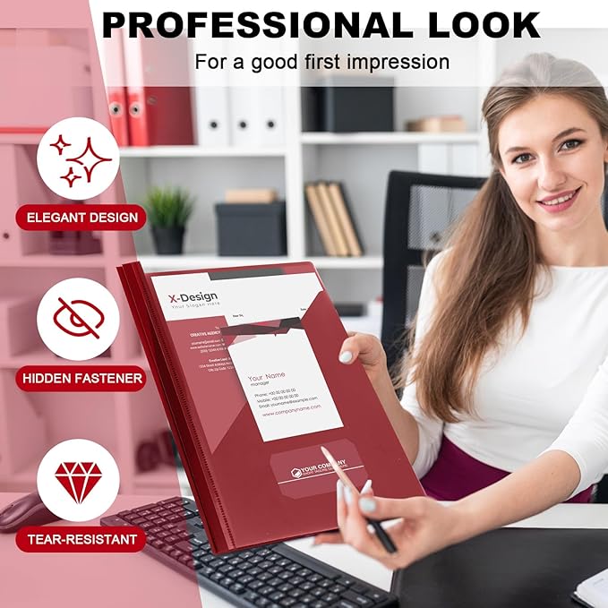 Teling 48 Pcs Clear Front Report Covers with 3 Prongs, Plastic Dark Red Presentation Folders Bulk with 3 Pockets for A4 and Letter Size Paper, 90 Sheet Capacity, Document Covers for School Business