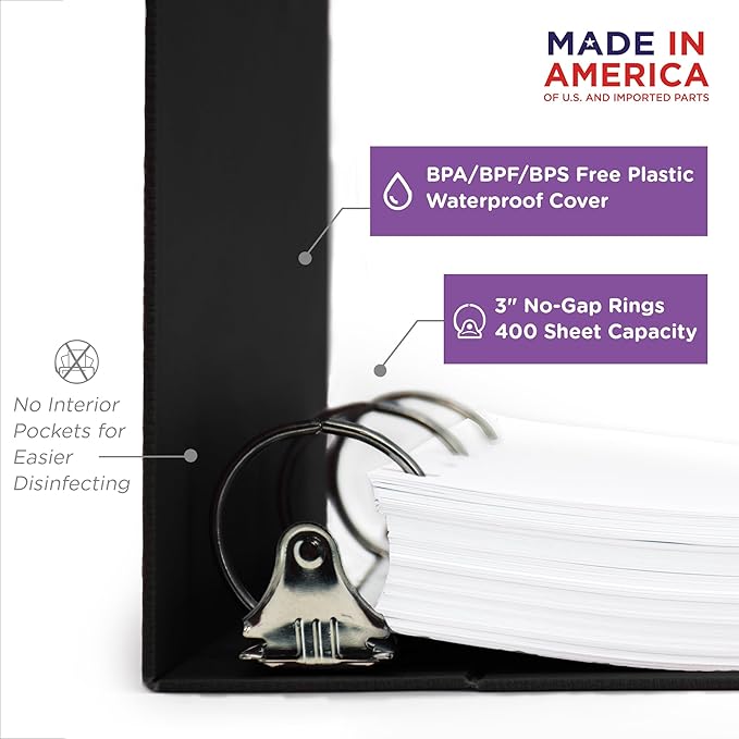 Carstens 3-Inch Heavy Duty Round Ring Binder for Policy Manuals – Side Opening, Black, Case of 14, Durable Plastic, No Pockets, Holds 400 Sheets, Made in USA (1761-3RCS)