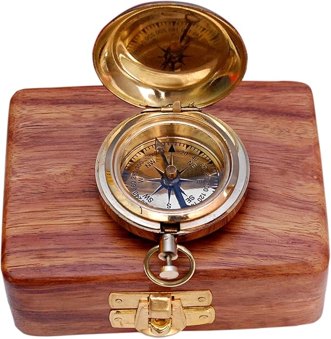 Bazross Brass Nautical Compass with Wooden Case - Antique Brass & Copper Sun Clock for Camping, Hiking, Touring - Engraved Gift for Him - Nautical Clock - Compass Gift