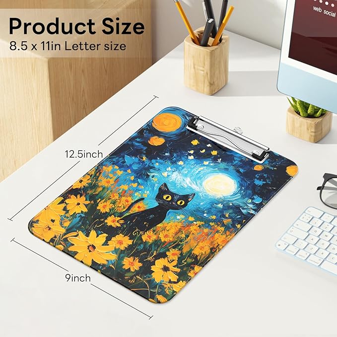 Luminzo Plastic Cute Clipboard, Low-Profile Metal Clip, A4 Letter Size 9 x 12.5 in, 8.5 x 11 Paper Clip Board for Teachers, Nurses, Classroom, Cute Van Cat