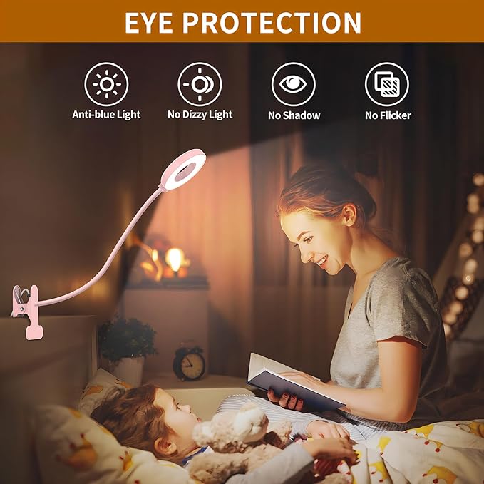 iZELL Desk Lamp, [3 Color Modes & 10 Brightness] LED Reading Light with Clamp, Silicone Flexible Arm Book Light for Kids Reading Book in Bed at Night Clip on Table, Headboard, Dorm - 15.8‘’ Pink