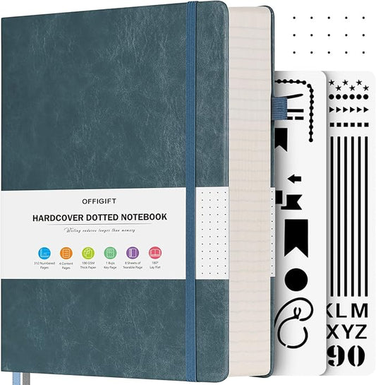 OFFIGIFT Bullet Dotted Journal Notebook, 312 Numbered Pages A5 Hardcover Leather Journal, 100gsm No Bleed Paper Dot Grid Notebook with Index Pages, Dot Journal for Women Men, 5.75" x 8.38", Grey Blue