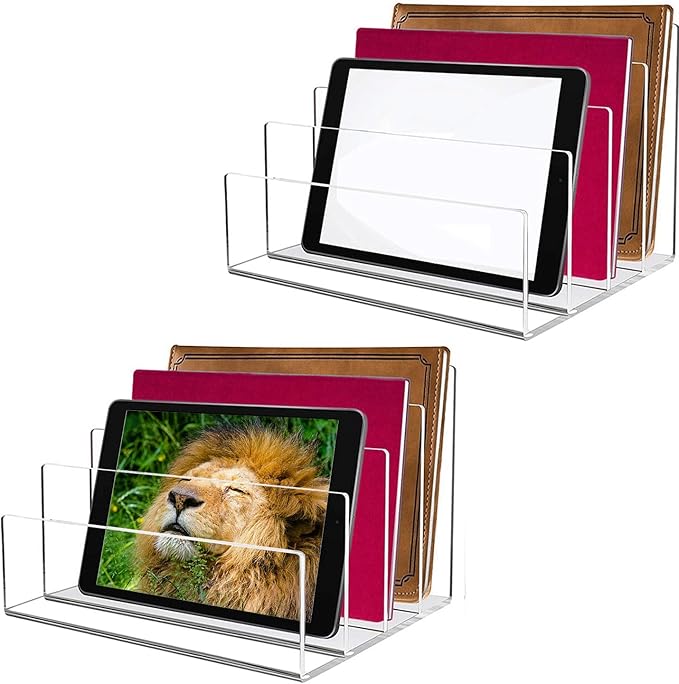 Halyuhn Acrylic Desk File Organizer 2 Pack, 4 Section Letter Organizer, Clear Folder Holder, Desktop File Holder for Document, Notebook and Newspaper, Clear Desk Storage Rack for Home and Office Use