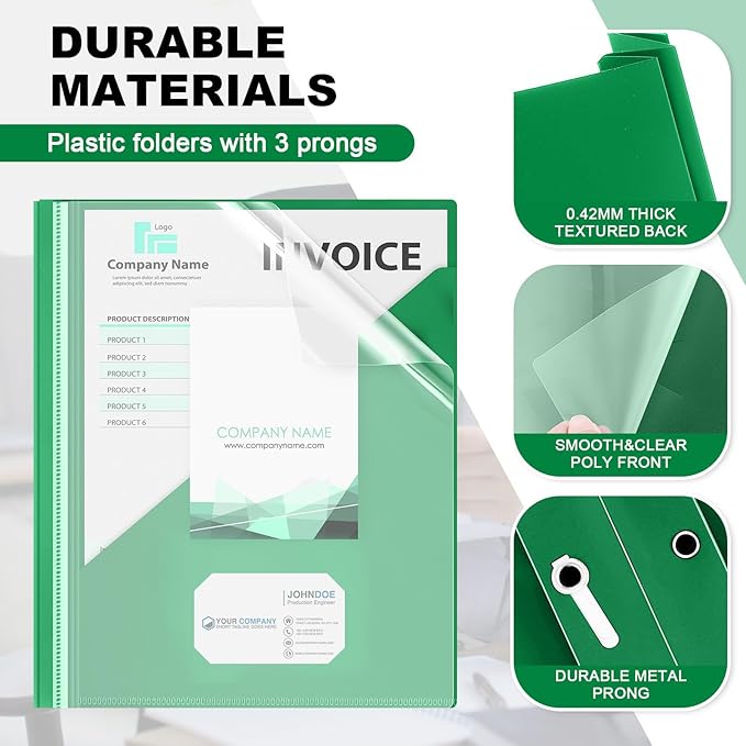 Teling 24 Pcs Clear Front Report Covers with 3 Prongs, Plastic Green Presentation Folders Bulk with 3 Pockets for A4 and Letter Size Paper, 90 Sheet Capacity, Document Covers for School Business