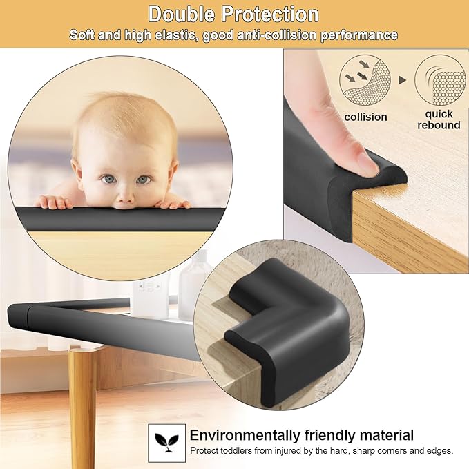 Baby Proof Corners and Edges Protector 20ft Edge+8 Corner Guard, Fireplace Baby Proofing Bumper, Heavy-Duty Soft NBR Foam Edge Corner Protector for Furniture Table, Childsafe/Pre-Taped Black