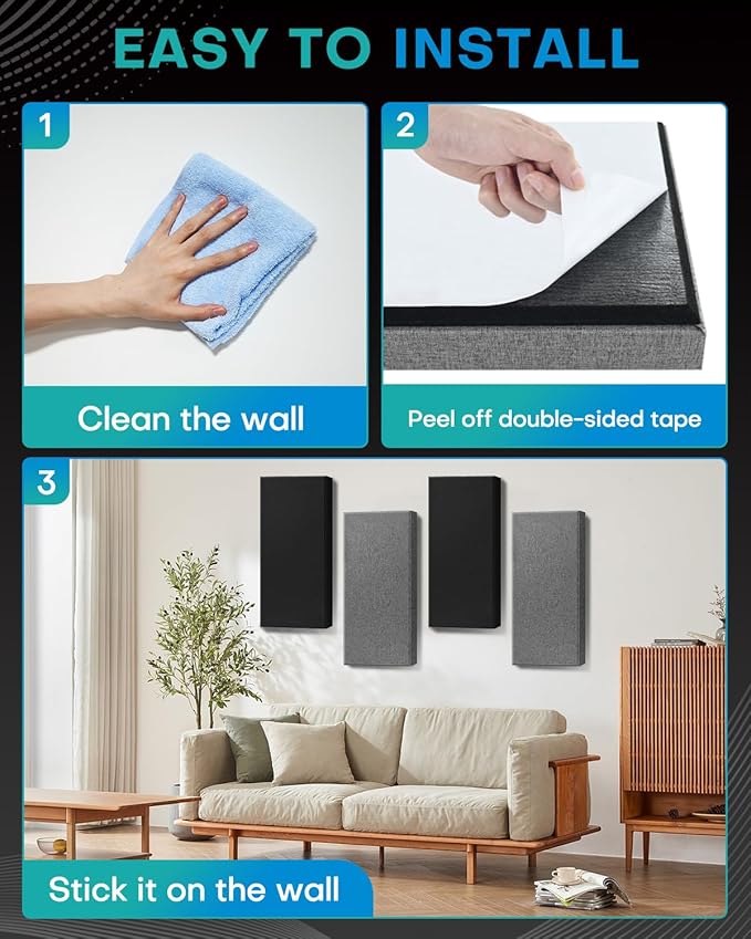 4Pack Fiberglass Acoustic Panels, Self Adhesive Sound Proof Foam Panels for Walls, Sound Dampening Panels for Studios, Office, Home Soundproofing Absorbing Noise Reducing, 23.6x11.8x2.5" Black Grey