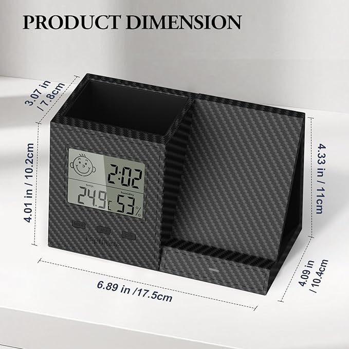 TopMade Wireless Charger with Pen Remote Holder, Multi-Functional Leather Nightstand Organizer Fast Charging Station, Digital Thermometer and Humidity Gauge, Desktop Storage (Black Carbon Fiber