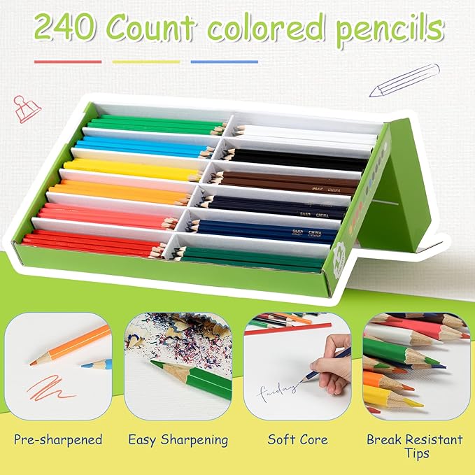 S & E TEACHER'S EDITION Colored Pencils 240Pcs,Coloring Pencils Set Drawing Pencils for Sketch, Woodcase Lead Pencils, Wooden Colored Pencils, Back to school Christmas Gifts