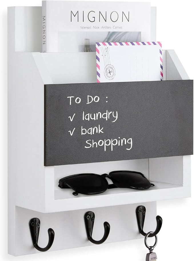 Lucundm Key and Mail Holder for Wall, Key Holder with Chalkboard and Long Storage Box, Key Hanger with 3 Sturdy Hooks for Coat, Dog Leash, Entryway Mail Organizer (White)