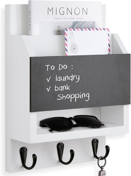 Lucundm Key and Mail Holder for Wall, Key Holder with Chalkboard and Long Storage Box, Key Hanger with 3 Sturdy Hooks for Coat, Dog Leash, Entryway Mail Organizer (White)