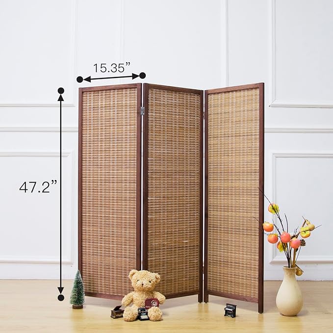 Furnnylane 3 Panel Short Room Divider Screen,Brown Freestanding Partition,Small Bamboo Panel Divider for Room Seperation,3.95 FT Tall