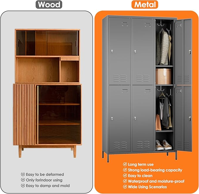 SUPEER 6 Doors Metal Lockers for Employees with 18 Hooks, Metal Employes Lockers with Ventilation Holes for School Garage Office Gym Home,Assembly Required,Dark Grey