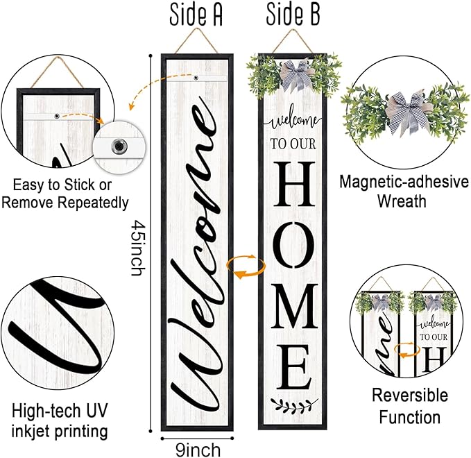Double-sided Welcome to Our Home Wooden Sign Stand with Magnetic-adhesive Wreath for Front Door, 47" Vertical Farmhouse Welcome Porch Sign, 2in1 Large Tall Porch Leaner Decor for Outdoor Patio Garden