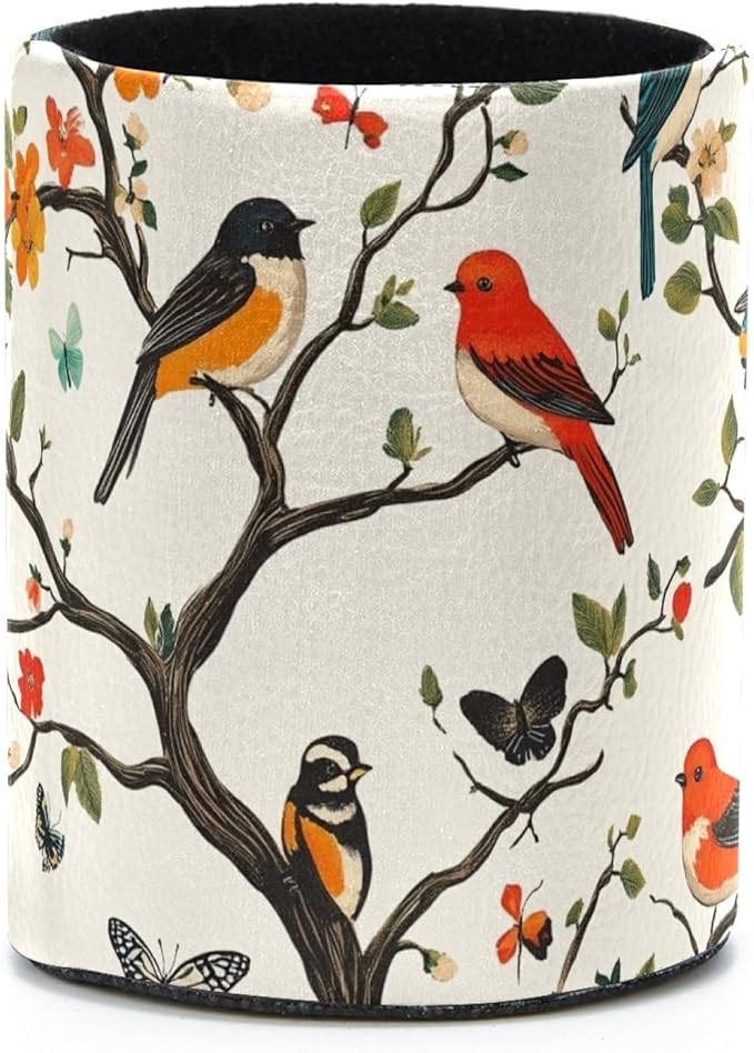 Leather Pen Holder for Desk, Colored Birds Flowers Trees Pencil Cup Desktop Organizer Makeup Brush Holders Office Supplies for Home, Kids & School