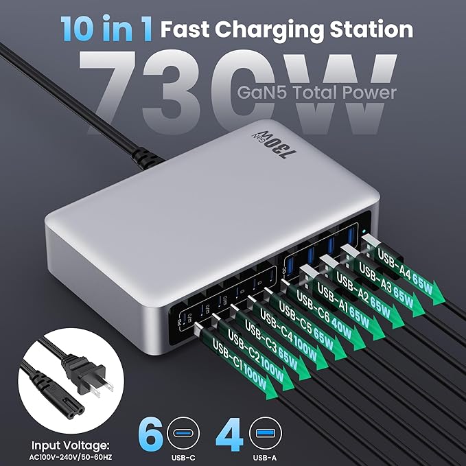 730W USB C Charger Block,GaN IV Fast Charging Station Hub 10 Ports,QC4.0+3 PD 100W USB C Laptop Charger Ports Power Adapter Compatible with MacBook Air/Pro,DELL,iPhone 17/16/15/14/13,iPad,Steam Deck