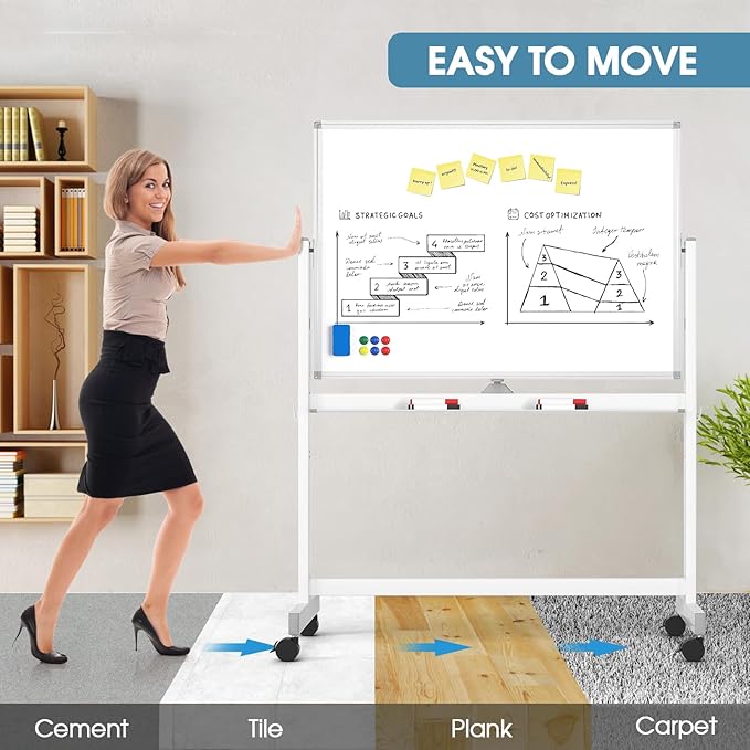 MaxGear Rolling Whiteboard, 48 x 32 Inch Double-Sided Magnetic Dry Erase Board on Wheels, Height Adjustable Mobile Whiteboard with Locking Casters for Office, Classroom, Home